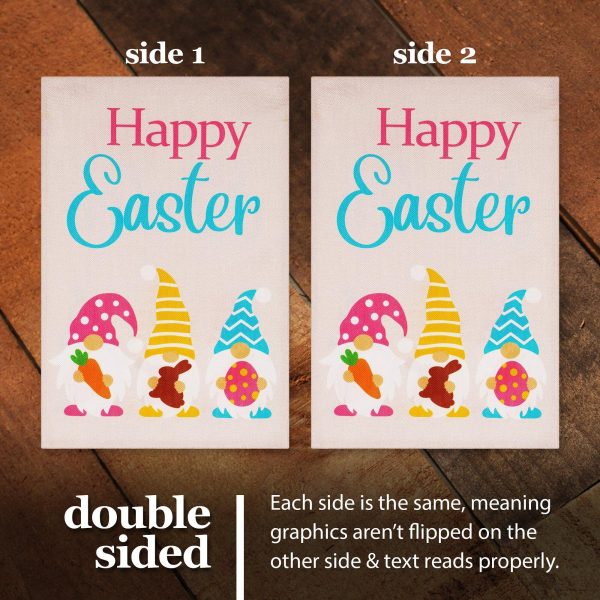 G128 Combo Pack: Garden Flag Stand Black 36 in x 16 in & Garden Flag Happy Easter Decoration Three Gnomes with Carrot Chocolate Bunny Egg 12"x18" Double-Sided Burlap Fabric - Image 5