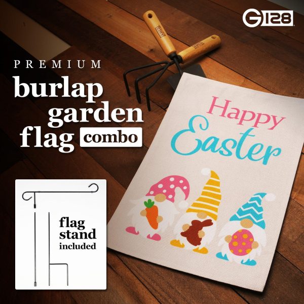 G128 Combo Pack: Garden Flag Stand Black 36 in x 16 in & Garden Flag Happy Easter Decoration Three Gnomes with Carrot Chocolate Bunny Egg 12"x18" Double-Sided Burlap Fabric - Image 7