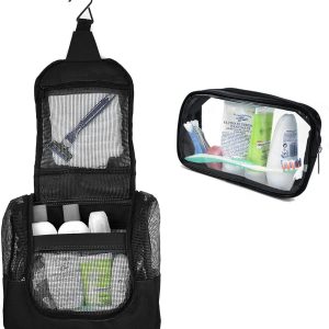 The Fine Living Co. Portable Hanging Shower Caddy Organizer Bag (Free Toiletries Case Metal Hook) Quick Dry Mesh Shower Caddy Tote Bag Pouch For Bathroom College Dorm Camp Gym Camping 10”x4”x8”(Black)