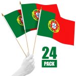 G128 24 Pack Handheld Portugal Portuguese Stick Flags | 12x18 In | Printed 150D Polyester, Country Flag, Solid Wooden Stick, Spear Gold Tip