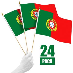 G128 24 Pack Handheld Portugal Portuguese Stick Flags | 12x18 In | Printed 150D Polyester, Country Flag, Solid Wooden Stick, Spear Gold Tip