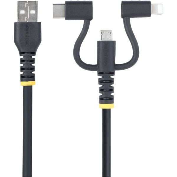 StarTech.com 3.3ft (1m) Rugged USB Multi Charging Cable, USB to Lightning/Micro-USB/Type-C, Apple MFi, Aramid Jacket, 3-in-1 Charger Cord - Image 2