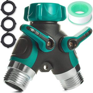 Water Splitter 2 Way Garden Y Hose Connector Metal Body Water Faucet Splitter with Comfortable Rubberized Grip 2 Way Hose Splitter Heavy Duty for Outdoor and Indoor Use (Green)