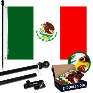 G128 - 5 Feet Tangle Free Spinning Flagpole (Black) Mexico Flag Double Sided Brass Grommets Embroidered 2x3 ft (Flag Included) Aluminum Flag Pole