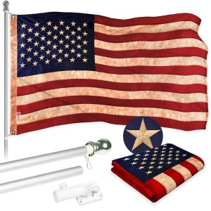 G128 Combo Pack: 6 Ft Tangle Free Aluminum Spinning Flagpole (Silver) & USA Tea-Stained Flag 3x5 Ft, ToughWeave Pro Series Embroidered 420D Polyester | Pole with Flag Included