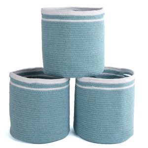 Recycled Cotton Rope Storage Cube Basket Plant Basket Multi Purpose Woven Cube Storage Organizer Shelves Closet Storage Bins Nursery Kids Room Organizer 11 Inch Set of 3 Blue