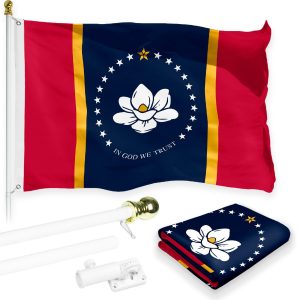 G128 Combo Pack: 6 Feet Tangle Free Spinning Flagpole (White) Mississippi MS State Flag 3x5 ft Printed 150D Brass Grommets (Flag Included) Aluminum Flag Pole