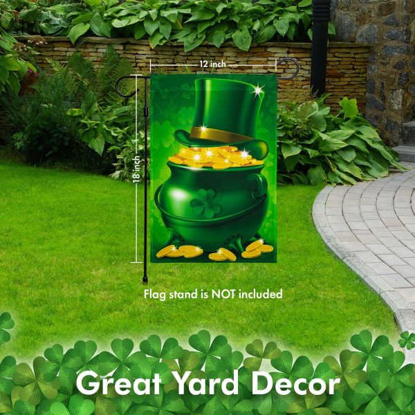 G128 - St Patrick's Day Garden Flag, St Patrick's Themed Decorations - Pot of Gold and Hat,  | 12x18 Inch | Printed 150D Polyester - Rustic Holiday Seasonal Outdoor Flag - Image 6