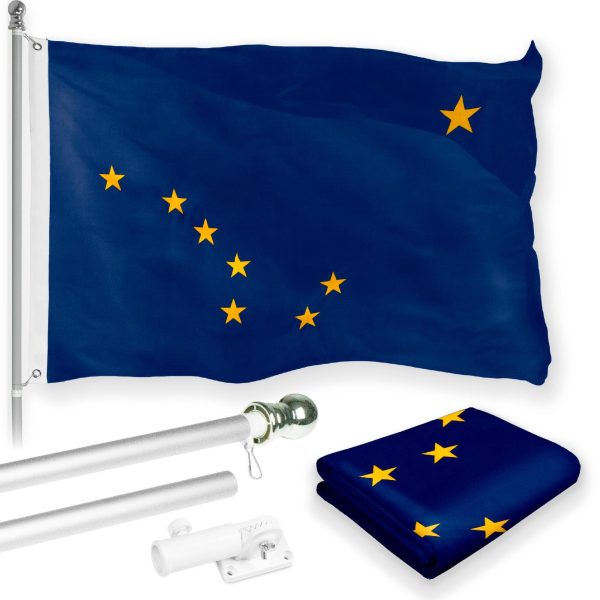 G128 Combo Pack: 6 Feet Tangle Free Spinning Flagpole (Silver) Alaska AK State Flag 3x5 ft Printed 150D Brass Grommets (Flag Included) Aluminum Flag Pole