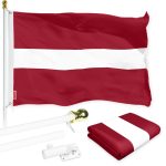 G128 Combo Pack: 6 Ft Tangle Free Spinning Flagpole (White) & Latvia Flag 3x5 Ft Printed 150D Polyester, Brass Grommets (Flag Included) Aluminum Flag Pole