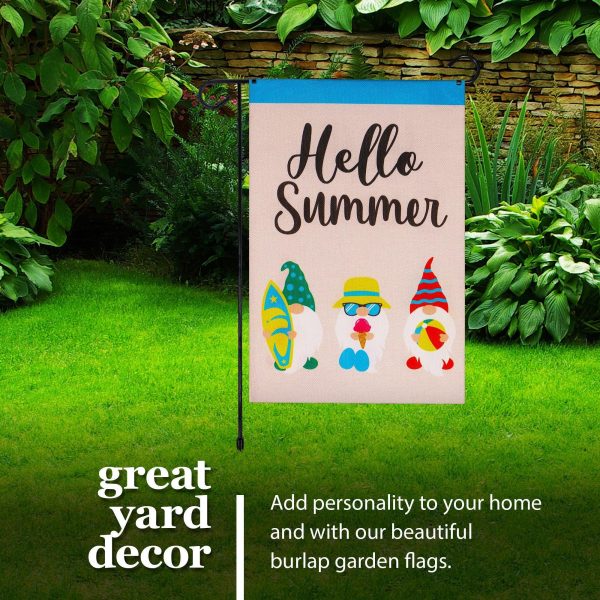 G128 Combo Pack: Garden Flag Stand Black 36 in x 16 in & Garden Flag Hello Summer Decoration Three Beach-Ready Gnomes 12"x18" Double-Sided Burlap Fabric - Image 6