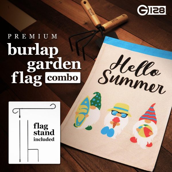 G128 Combo Pack: Garden Flag Stand Black 36 in x 16 in & Garden Flag Hello Summer Decoration Three Beach-Ready Gnomes 12"x18" Double-Sided Burlap Fabric - Image 7