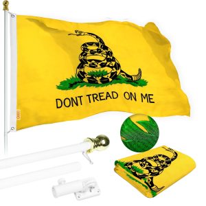 G128 Flag Pole 5 FT White Tangle Free & Gadsden Flag 2x3 FT Combo Embroidered Spun Polyester