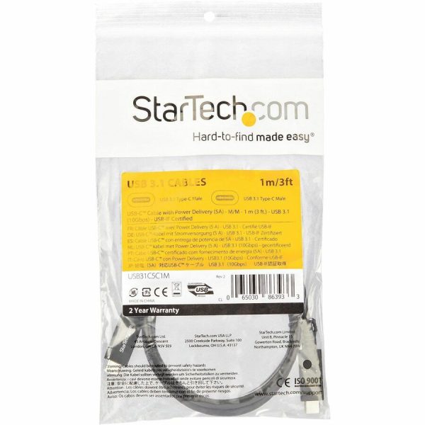StarTech.com 1m 3 ft USB C Cable with Power Delivery (5A) - M/M - USB 3.1 (10Gbps) - USB-IF Certified - USB Type C Cable - USB 3.2 Gen 2 - Image 5