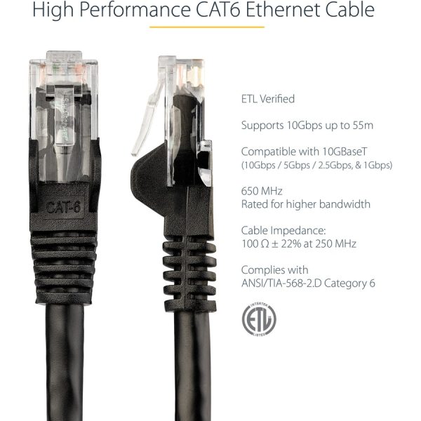 StarTech.com 20ft CAT6 Ethernet Cable - Black Snagless Gigabit - 100W PoE UTP 650MHz Category 6 Patch Cord UL Certified Wiring/TIA - Image 2