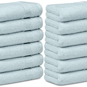 Resort Collection Soft Washcloth Face & Body Towel Set | 12x12 Luxury Hotel Plush & Absorbent Cotton Wash Clothes [12 Pack Light Blue]