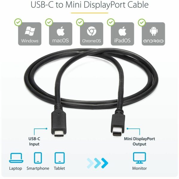 StarTech.com 6 ft. / 1.8 m USB-C to Mini DisplayPort Cable - 4K 60Hz - Black - USB 3.1 Type-C to Mini DP Adapter Cable - mDP Cable - Image 2