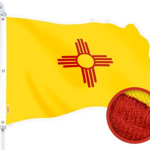 G128 New Mexico State Flag | 5x8 Ft | StormFlyer Series Embroidered 220GSM Spun Polyester | Embroidered Design, Indoor/Outdoor, Brass Grommets, Heavy Duty, All Weather