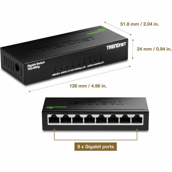 TRENDnet 8-Port Mini Gigabit Switch, TEG-S80g, GREENnet Technology, NDAA + TAA Compliant, Desktop Metal Ethernet Network Switch, 8 x Gigabit Ports, Fanless, Lifetime Protection, Black - Image 6