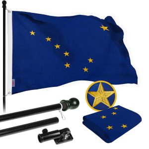 G128 Combo Pack: 5 Ft Tangle Free Spinning Flagpole (Black) & Alaska Flag 2.5x4 Ft Embroidered 220GSM Spun Polyester, Brass Grommets (Flag Included) Aluminum Flag Pole