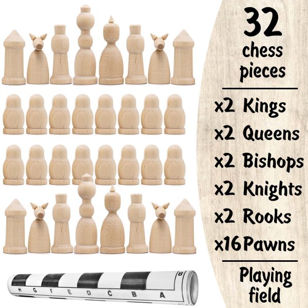 Unfinished Wood Chess Pieces with Vinyl Chess Board   Paint Your Own Chess Set   Blank Chess Sets DIY Arts and Crafts   Chess Gifts for Chess Players - Image 2