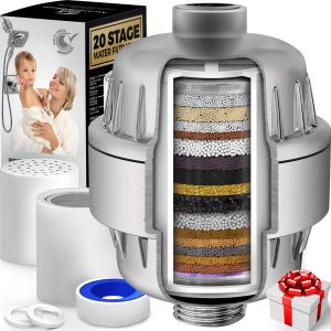 20 Stage Shower Filter with Vitamin C E for Hard Water High Output Shower Water Filter to Remove Chlorine and Fluoride 2 Cartridges Included Consistent Water Flow Showerhead Filter