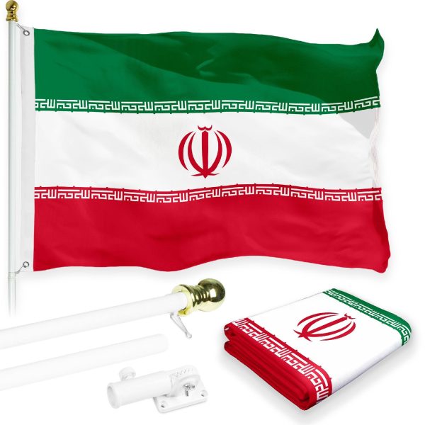 G128 Combo Pack: 6 Feet Tangle Free Spinning Flagpole (White) Iran Iranian Flag 3x5 ft Printed 150D Brass Grommets (Flag Included) Aluminum Flag Pole