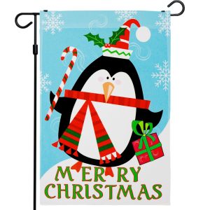 G128 - Christmas Garden Flag, Christmas and Winter Themed Decorations - Merry Christmas Penguin with Candy Cane, | 12x18 Inch | Printed 150D Polyester - Rustic Holiday Seasonal Outdoor Flag
