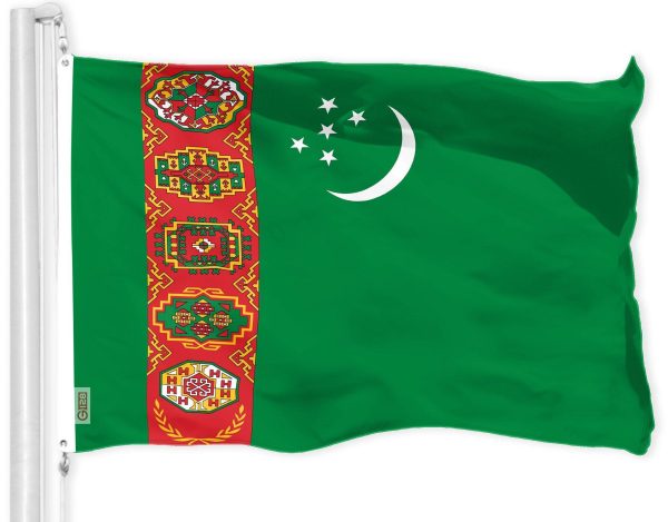 G128 Turkmenistan Turkmenistani Flag | 3x5 Ft | LiteWeave Pro Series Printed 150D Polyester | Country Flag, Indoor/Outdoor, Vibrant Colors, Brass Grommets, Thicker and More Durable Than 100D 75D Poly