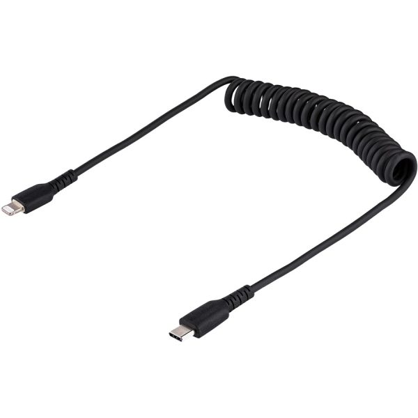 StarTech.com 1m (3ft) USB C to Lightning Cable, MFi Certified, Coiled iPhone Charger Cable, Black, Durable TPE Jacket Aramid Fiber - Image 2
