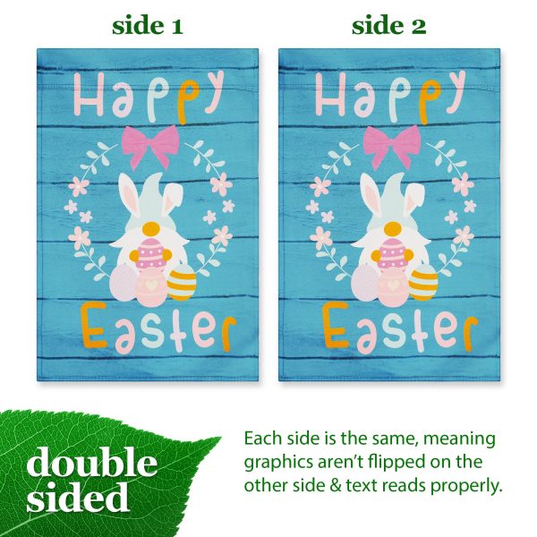 G128 Garden Flag Happy Easter Rabbit Gnome with Eggs 12"x18" Blockout Fabric - Image 2