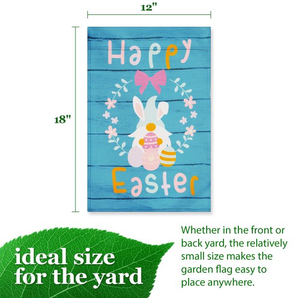G128 Garden Flag Happy Easter Rabbit Gnome with Eggs 12"x18" Blockout Fabric - Image 3