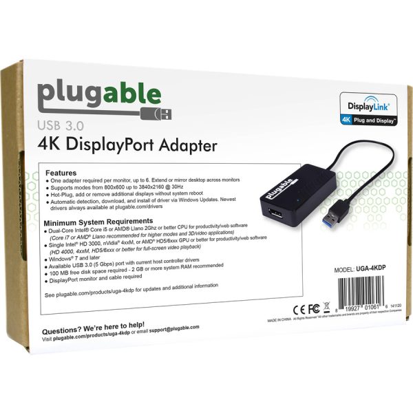 Plugable USB 3.0 to DisplayPort 4K UHD Video Graphics Adapter for Multiple Monitors up to 3840x2160 - Image 3