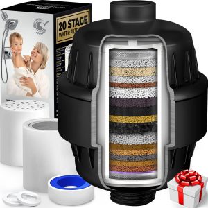 20 Stage Shower Head Filter with Vitamin C E A for Hard Water High Output Filter to Remove Chlorine and Fluoride 2 Replacement Cartridges Consistent Flow Showerhead Filter