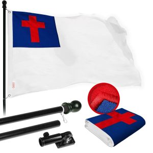 G128 Combo Pack: 5 Ft Tangle Free Spinning Flagpole (Black) & Christian Flag 2x3 Ft Embroidered 220GSM Spun Polyester, Brass Grommets (Flag Included) Aluminum Flag Pole