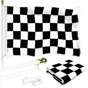G128 Combo Pack: 6 Ft Tangle Free Spinning Flagpole (White) & Checkered Flag 3x5 Ft Printed 150D Polyester, Brass Grommets (Flag Included) Aluminum Flag Pole