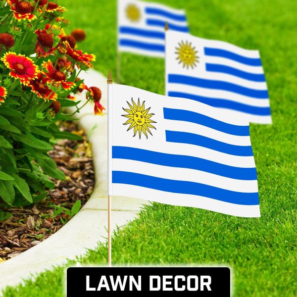 G128 30 Pack Handheld Uruguay Uruguayan Stick Flags | 12x18 In | Printed 150D Polyester, Country Flag, Solid Wooden Stick, Spear Gold Tip - Image 3