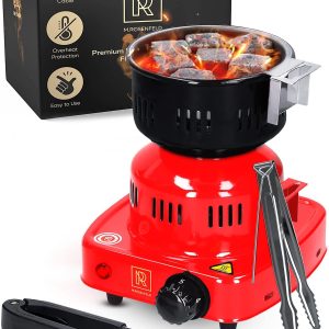Red Multipurpose Electric Charcoal Starter Electric Charcoal Burner ETL Approved Electric Stove Coconut Charcoal Lighters with Tongs 450W Hot Plate Electric 304 Stainless Steel Coiled Burner
