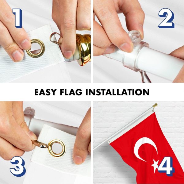 G128 Combo Pack: 6 Ft Tangle Free Spinning Flagpole (White) & Turkey Flag 3x5 Ft Printed 150D Polyester, Brass Grommets (Flag Included) Aluminum Flag Pole - Image 6