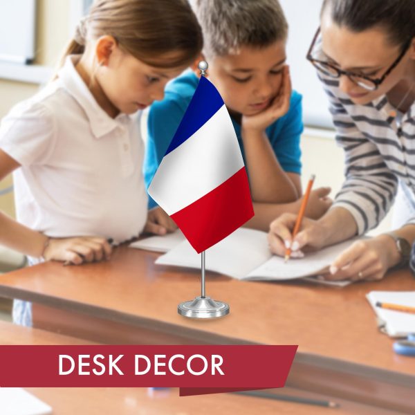 G128 France French Deluxe Desk Flag Set | 8.5x5.5 In | Printed 300D Polyester, with Silver Dome and Base, 15" Metal Pole, Decorations For Office, Home and Festival Events Celebration - Image 4