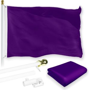 G128 Combo Pack: 5 Ft Tangle Free Aluminum Spinning Flagpole (White) & Solid Purple Color Flag 2x3 Ft, LiteWeave Pro Series Printed 150D Polyester | Pole with Flag Included