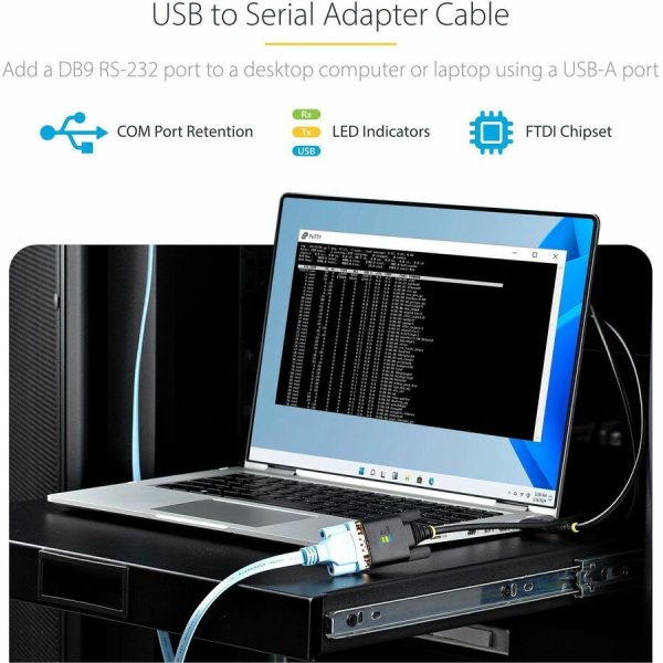 StarTech.com 10ft (3m) USB to Serial Adapter Cable, COM Retention, FTDI, DB9 RS232, Interchangeable DB9 Screws/Nuts, Windows/macOS/Linux - Image 2
