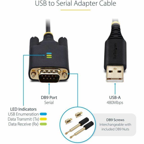 StarTech.com 10ft (3m) USB to Serial Adapter Cable, COM Retention, FTDI, DB9 RS232, Interchangeable DB9 Screws/Nuts, Windows/macOS/Linux - Image 4