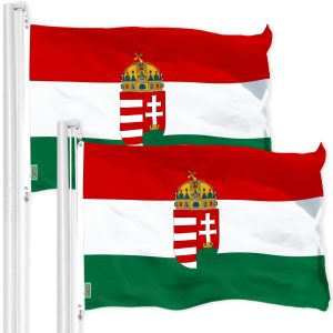 G128 2 Pack: Hungary Coat of Arms Flag | 3x5 Ft | Printed 300D Polyester - Indoor/Outdoor, Vibrant Colors, Brass Grommets, Quality Polyester
