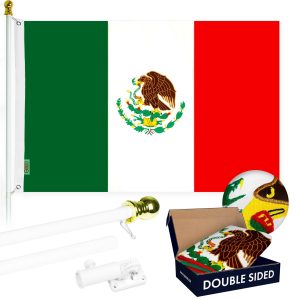 G128 - 6 Feet Tangle Free Spinning Flagpole (White) Mexico Double Sided Brass Grommets Embroidered 3x5 ft (Flag Included) Aluminum Flag Pole