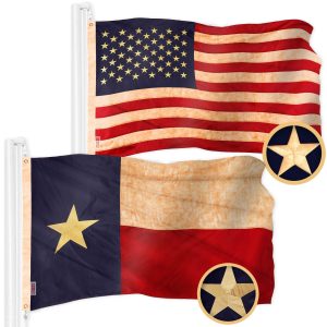 G128 Combo Pack: American USA Tea-Stained Flag 1x1.5 Ft & Texas Tea-Stained Flag 1x1.5 Ft | Both ToughWeave Pro Series Embroidered 420D Polyester, Embroidered Design, Indoor/Outdoor, Brass Grommets