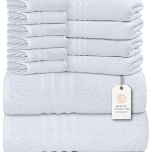 Wealuxe 12 Piece Bath Towel Set for Bathroom 2 Bath Towels 4 Hand Towels 6 Washcloths 100% Cotton Soft and Plush Highly Absorbent Soft Towel for Hotel & Spa White