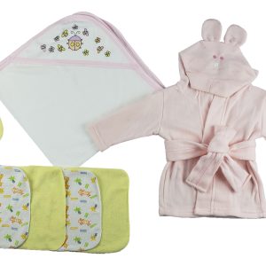 Pink Infant Robe, Hooded Towel, Washcloths And Hand Washcloth Mitt - 7 Pc Set  Cs_0011