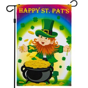 G128 - St Patrick's Day Garden Flag, St Patrick's Themed Decorations - Leprechaun with Pot of Gold, | 12x18 Inch | Printed 150D Polyester - Rustic Holiday Seasonal Outdoor Flag