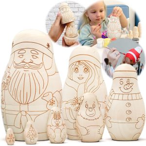 AEVVV Unfinished Russian Christmas Crafts Set 7 pcs   Unpainted Christmas Nesting Dolls Blank   Paint Your Own Matryoshka Father Frost Snow Maiden Snowman